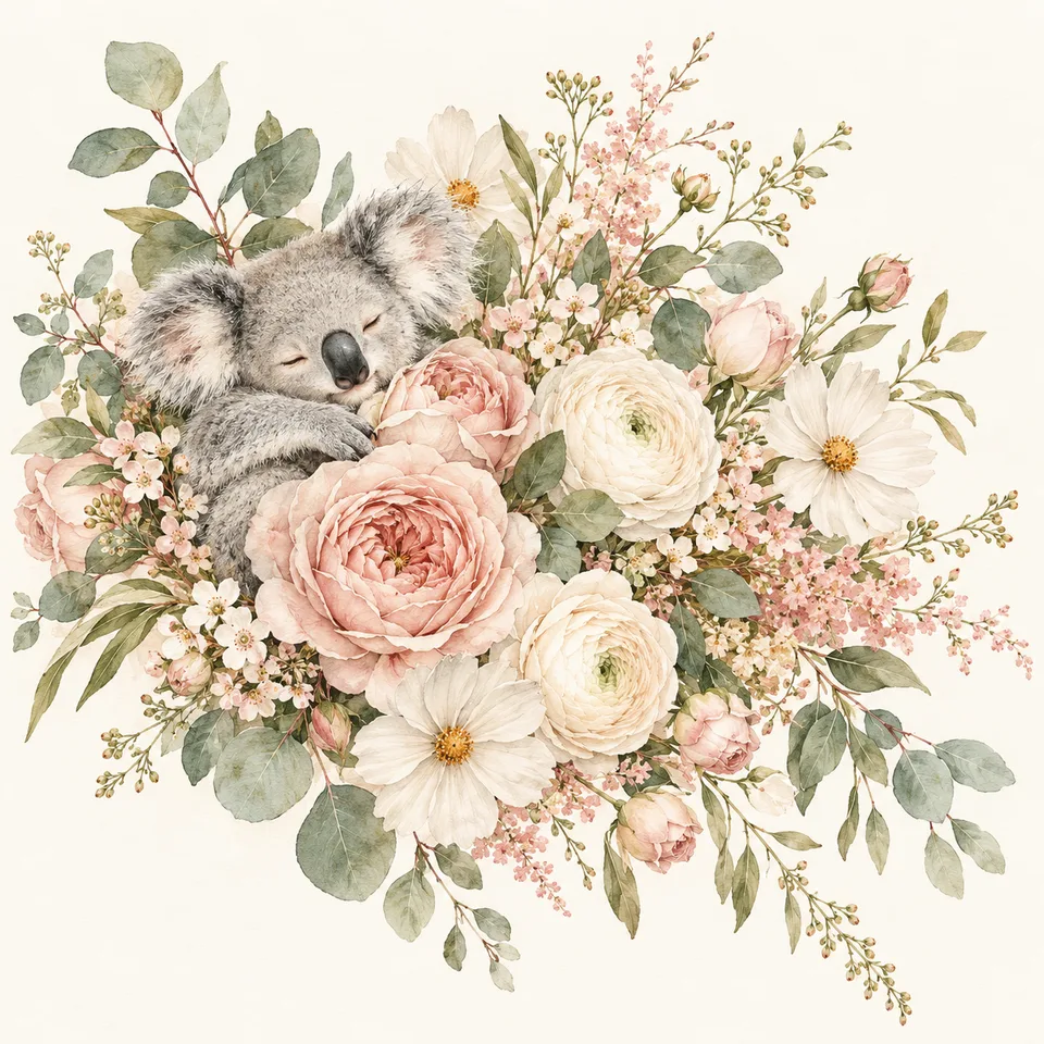 A sleepy koala nestled among watercolor blush roses, ivory flowers and eucalyptus.
